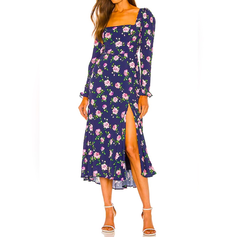 Sau Lee NWT Marianne Blue Floral Long Sleeve Midi Dress